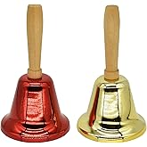 2 Pcs Hand Call Bells Loud Hand Bells Metal Signal Ringing Bell Christmas Santa Bells with Handle for Service Dinner School Classroom Game Pets Wedding Party Animals, Brass Gold & Red