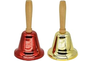 MACLARONX 2 Pcs Hand Call Bells Loud Hand Bells Metal Signal Ringing Bell Christmas Santa Bells with Handle for Service Dinner School Classroom Game Pets Wedding Party Animals, Brass Gold & Red