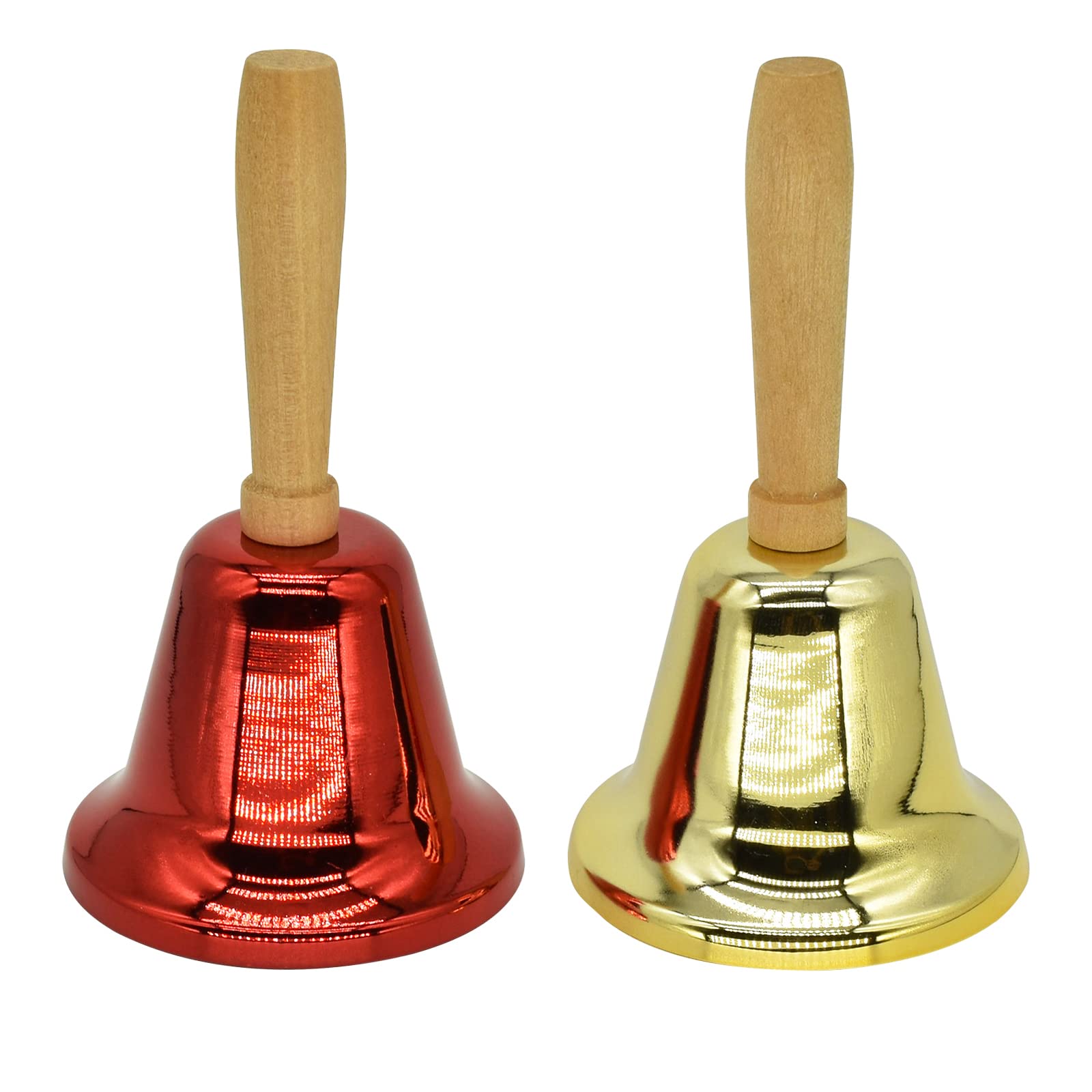 Photo 1 of 2 Pcs Hand Call Bells Loud Hand Bells Metal Signal Ringing Bell Christmas Santa Bells with Handle for Service Dinner School Classroom Game Pets Wedding Party Animals, Brass Gold & Red