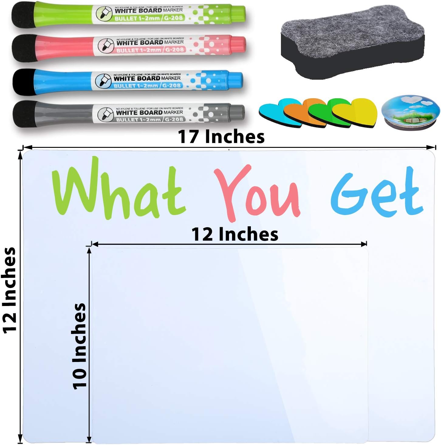 Magnetic Whiteboard for Refrigerator 17''x12'' with Extra Smaller Board 12''x10'', Dry Erase Fridge Whiteboard, 4 Magnetic Markers, 1 Eraser and 4 Hearts Included : Office Products