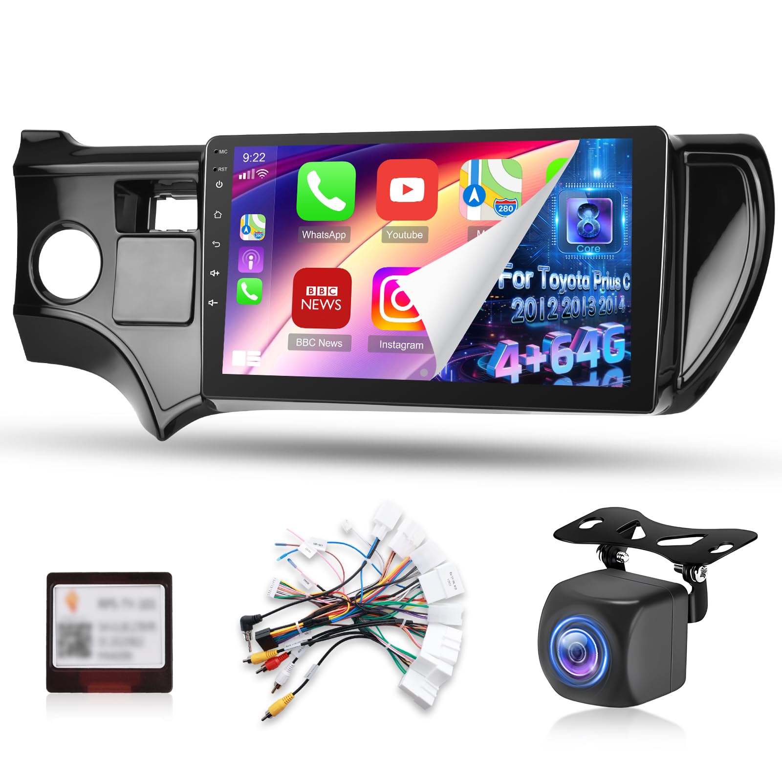 Photo 1 of [8 Core Qualcomm 4+64G] Car Radio for Toyota Prius C 2012-2014 - Wireless Carplay and Android Auto - 9 Inch 1280 * 720 IPS Touchscreen Android Car Stereo - DSP/GPS/WiFi/SWC + AHD Backup Camera