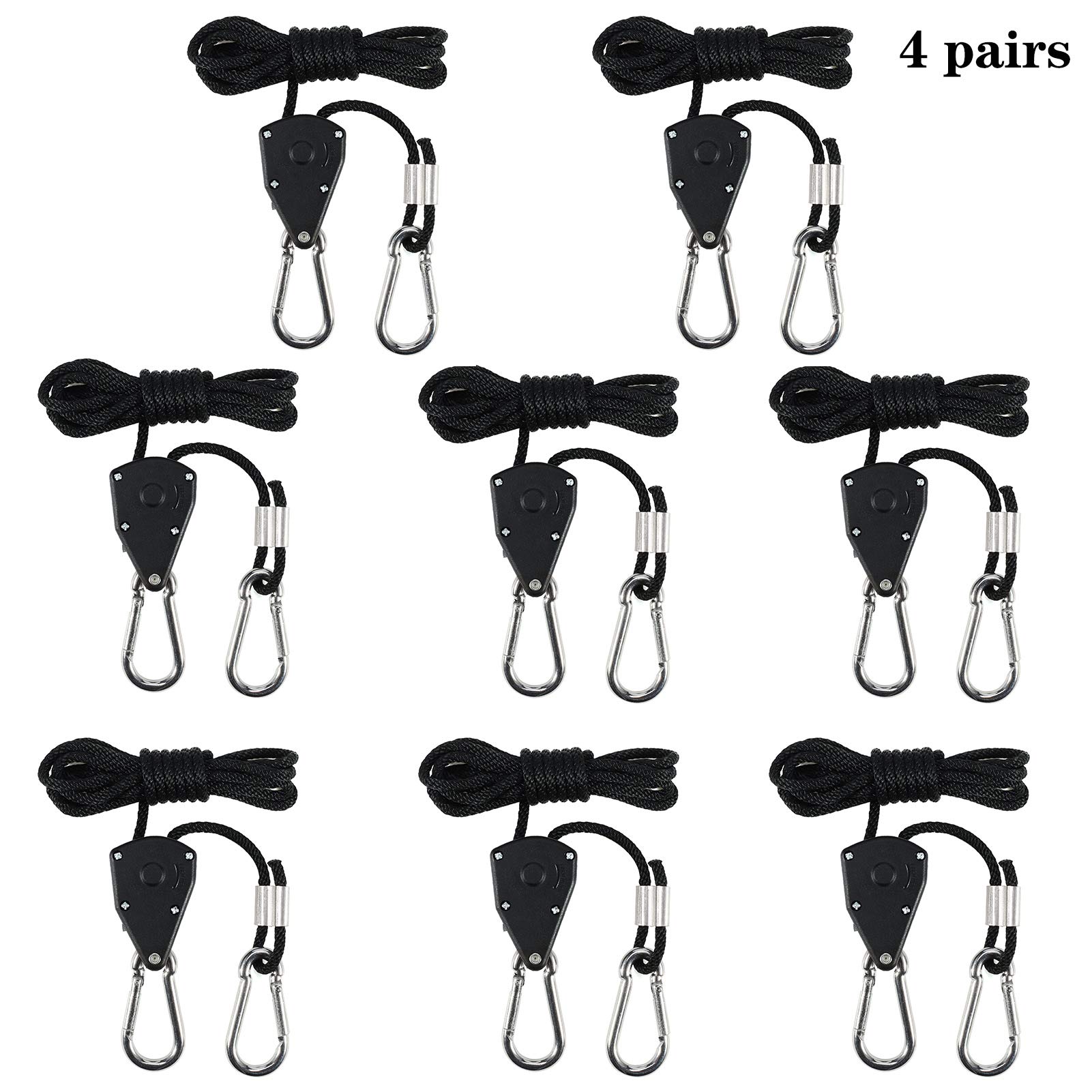 QINREN 8 Pack Heavy Duty Ratchet Hangers,1/8" Adjustable Rope Ratchet with Hook 150 Lb Capacity 2.4 m Guy Ropes for Outdoor Camping Awning Grow Light