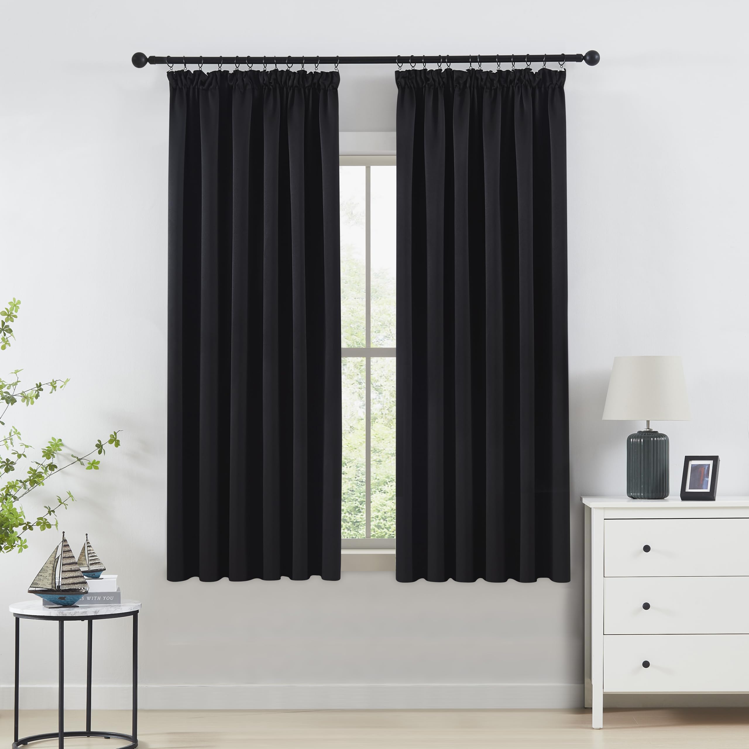 Beauoop Pencil Pleat Blackout Curtains for Bedroom 54 inch Drop Black Curtains for Living Room Rod Pocket Light Blocking Thermal Insulated Drapes Window Treatment 2 Panels, W46 x L54