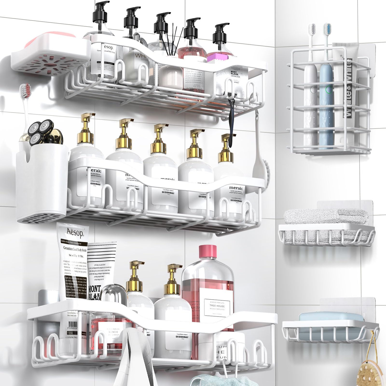 NESOMI Shower Caddy Adhesive Shower Organizer 8-Pack, Rustproof Stainless Steel Bathroom Shelves, Large Capacity No-Drill Rack Storage Accessories with Soap Dish Toothbrush Holder Hooks Image