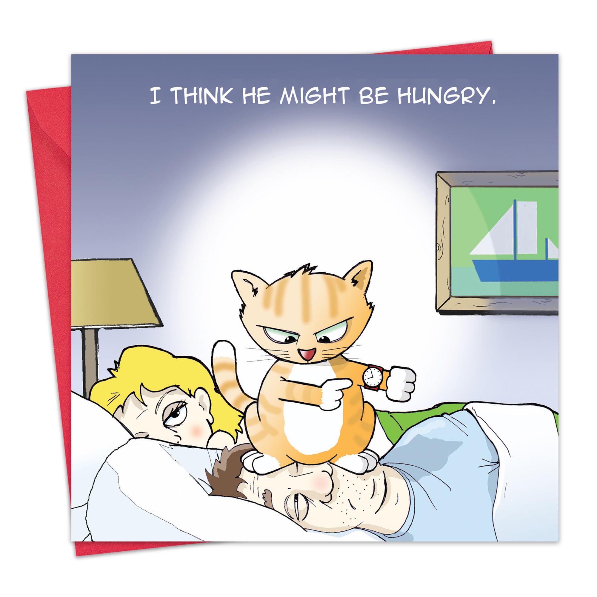 Twizler Funny Card with Hungry Cat, Man, Woman and Bed – Blank Card – Happy Birthday Card – Humour Card – Anniversary Card – New Home Card – Fathers Day Card – Mothers Day Card – Valentines Day Card