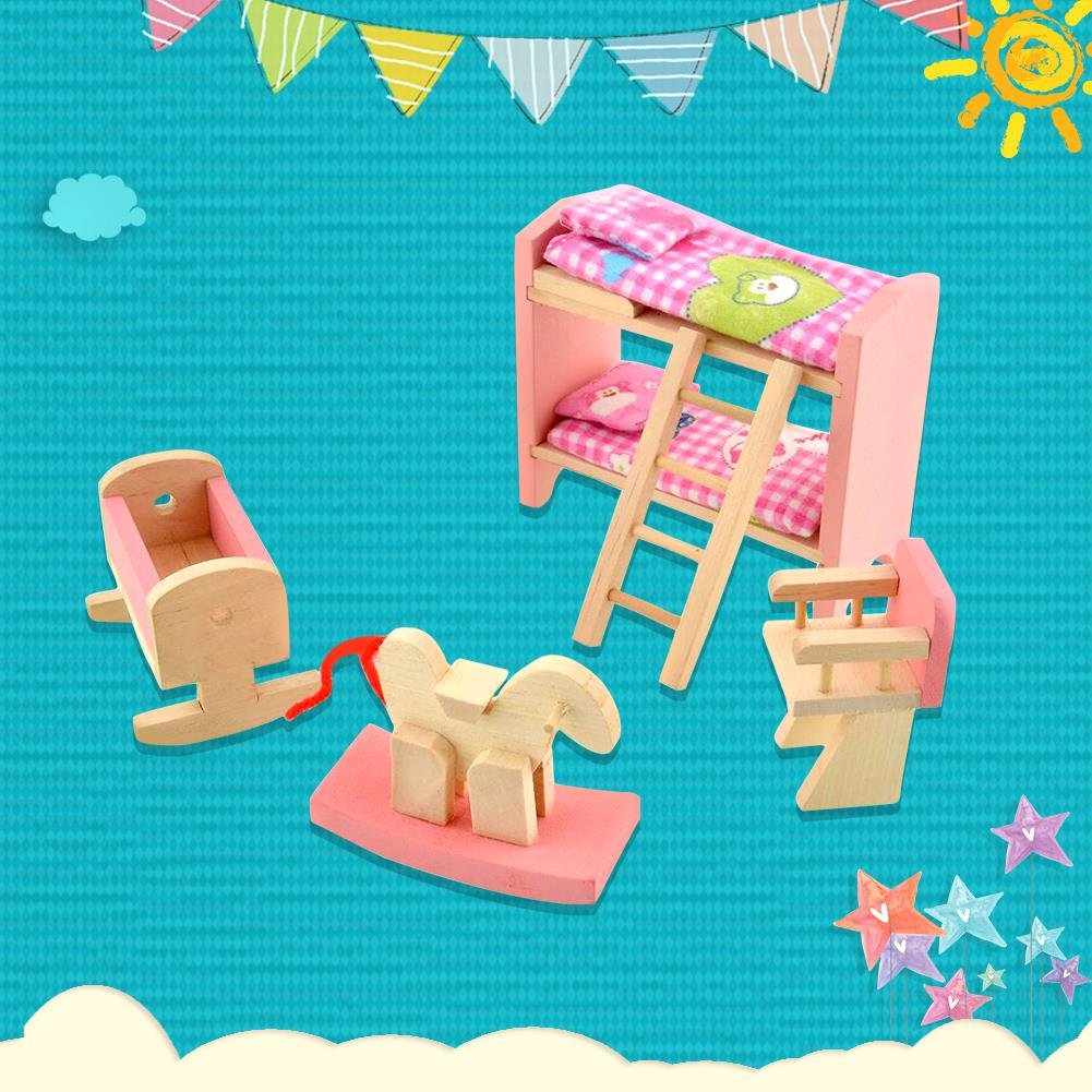 Wooden Doll House Furniture Set,Miniature Bathroom/Kid Room/Kitchen House Nursery House Furniture Dollhouse Decoration Accessories for Kids Toddlers Children Pretend Role Play Toy By Peradix(Bunk Bed)