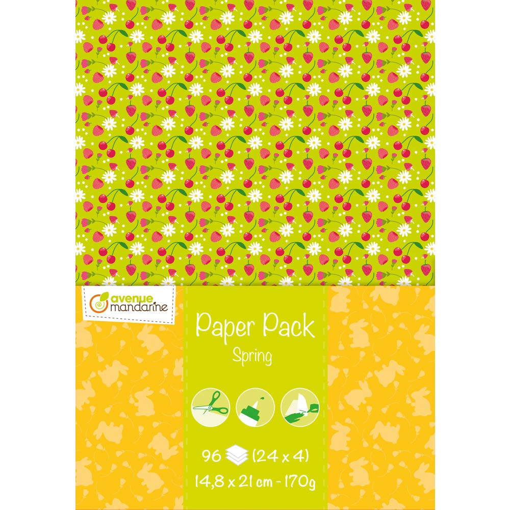 Avenue Mandarine - Ref CC040C - Paper Pack (A5) - Spring - 96 Sheets, 24 Different Designs, Printed Patterns on 170gsm Paper, Suitable for DIY Projects
