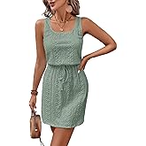 Acelitt Spring Summer Tank Dresses for Women 2026 Hollow Out Textured Drawstring Mini Dress