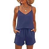 Caracilia Womens 2 Piece Lounge Sets Summer Outfits V Neck Tank Top Short Matching Set Casual Travel Beach Vacation Clothes