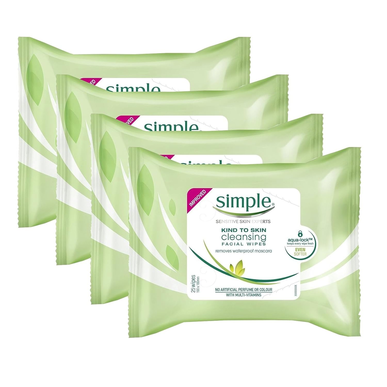Simple Sensitive Skin Experts Kind To Skin Cleansing Facial Wipes, Waterproof Mascara Remover, Even Softer, 25 Count, (4 Pack): Beauty