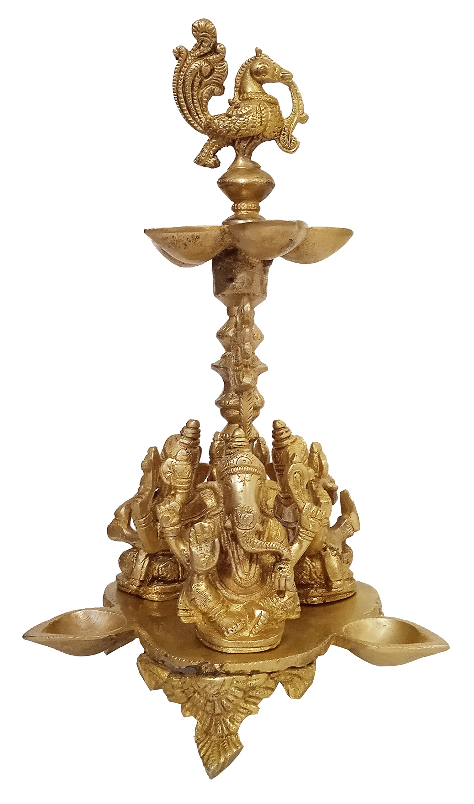 Purpledip Brass Oil Lamp Kuthu Vilakku: Antique Design Royal Deepam Diya with 3 Ganesha, Parrots & Peacock (12033A)