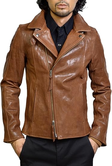 Amazon ハルフ Haruf レザージャケット メンズ ダブル ライダース 革ジャケット タイトライダースジャケット レザーコート 革ジャン 本革 アウター タイト キャメル Usa26gcam コート ジャケット 通販