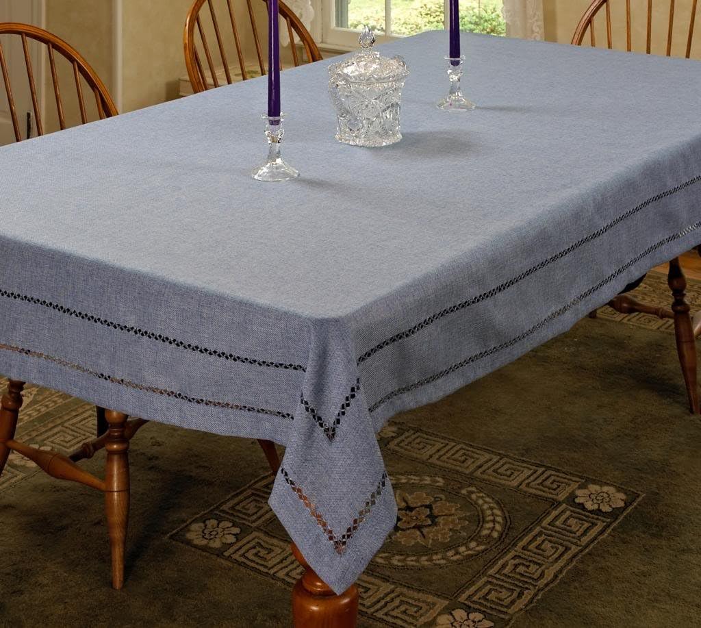Violet Linen Hem Stitch Embroidered Vintage Design Oblong/Rectangle Tablecloth, 68" X 108", Blue