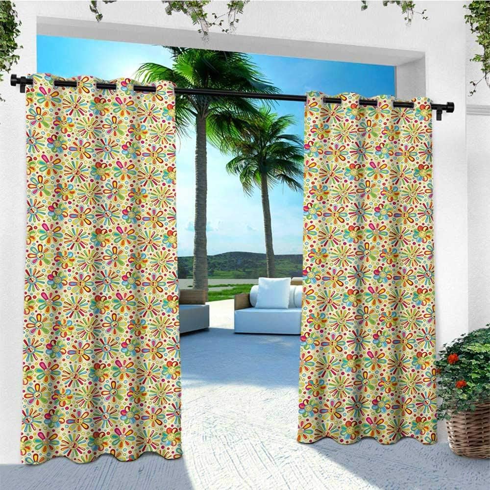 leinuoyi Floral, Sun Zero Outdoor Curtains, Cartoon Style Colorful Dots and Petal Funny Characters with Glasses Abstract Pattern, Set for Patio Waterproof W96 x L96 Inch Multicolor