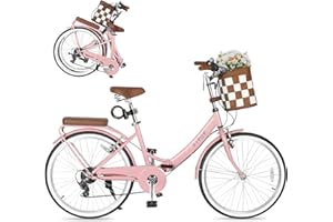 SAHISTCT 24/26 Inch Folding Beach Cruiser Bike for Women,7 Speed Hybird Commute Bicycles,Womens Bicycle with Basket for Adults, Dual V-Brake and Adjustable Seat