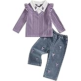 fhutpw Baby Toddler Girl Clothes Knit Ribbed Lapel Collar Long Sleeve Ruffle Pullover & Embroidery Jeans Fall Winter Outfits