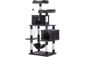 Hey-brother Large Multi-Level Cat Tree Condo Furniture with Sisal-Covered Scratching Posts, 2 Bigger Plush Condos, Perch Hammock for Kittens, Cats and Pets Smoky Gray MPJ020G