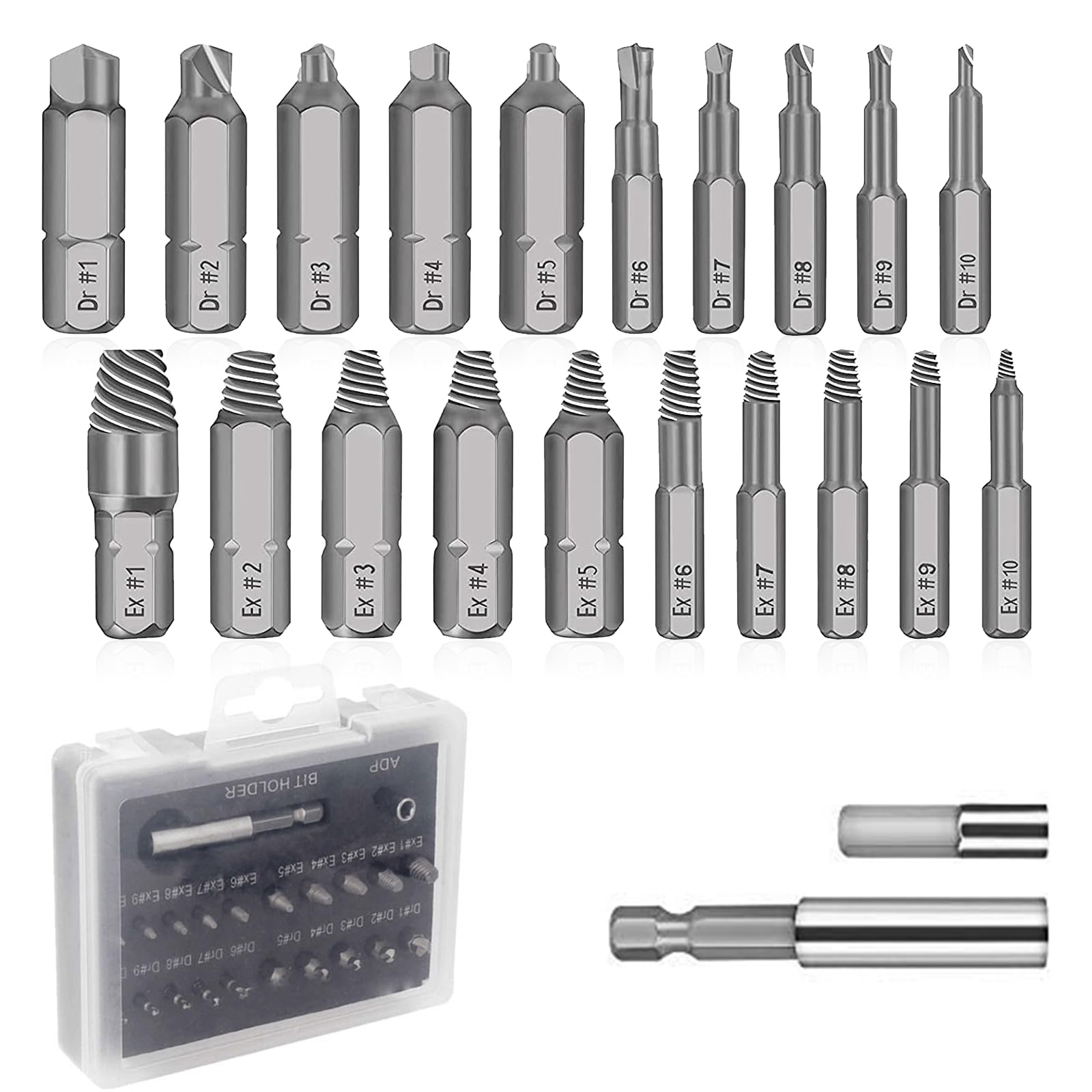 22PCS Damaged Screw Extractor, Screw Remover Tool Remove Tool Broken Bolt with Separate Burnishing and Magnetic Extension Bit Holder for Damaged Screws or Bolts 2-12mm SE22
