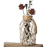 Funsoba Rustic Hanging Mason Jar Creative Rope Net Dry Flower Glass Vase with Handle (1 Vase 8")