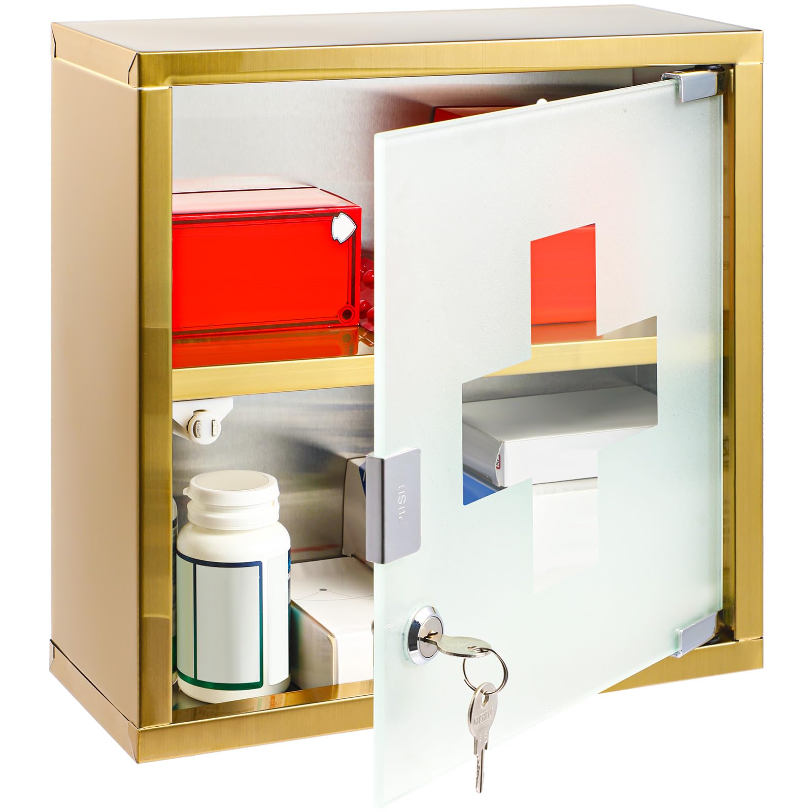 Photo 1 of Timgle First Aid Wall Cabinet with Lock Medicine Wall Mounted Bathroom Storage Hanging Medical Cabinet with Safety Glass Door for Bathroom(2 Shelves,Light Gold)