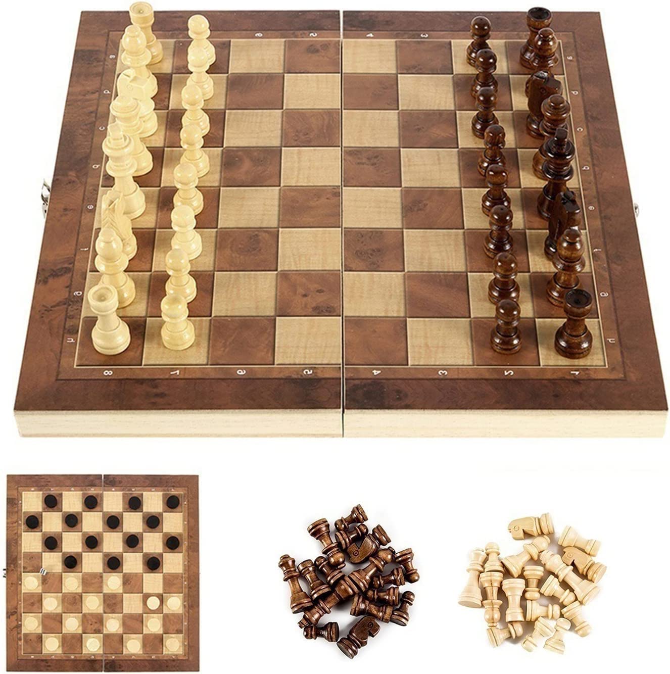 Queta Chess Sets - Folding Wooden Chess Board Set , Portable Game International Chess Set 3-in-1 for Kids Adult (29x29cm)