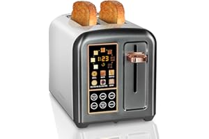 SEEDEEM Toaster 2 Slice, Stainless Toaster LCD Display&Touch Buttons, 50% Faster Heating Speed, 6 Bread Selection, 7 Shade Setting, 1.5''Wide Slot, Removable Crumb Tray, 1350W, Dark Metallic