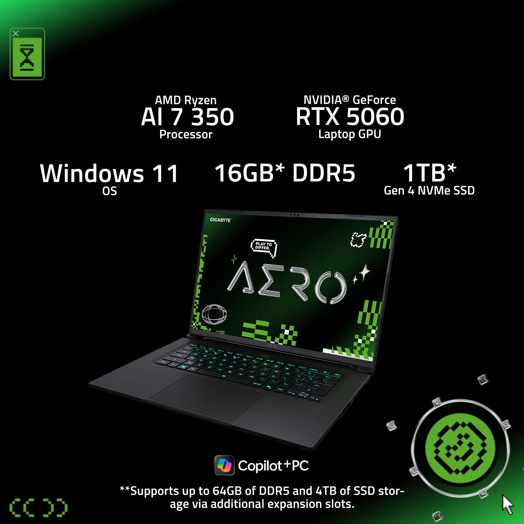 GIGABYTE AERO X16; Copilot+ PC - 165Hz 2560x1600 WQXGA - NVIDIA GeForce RTX 5060 - AMD Ryzen AI 7 350-1TB SSD with 16GB DDR5 RAM - Windows 11 Home - Space Gray