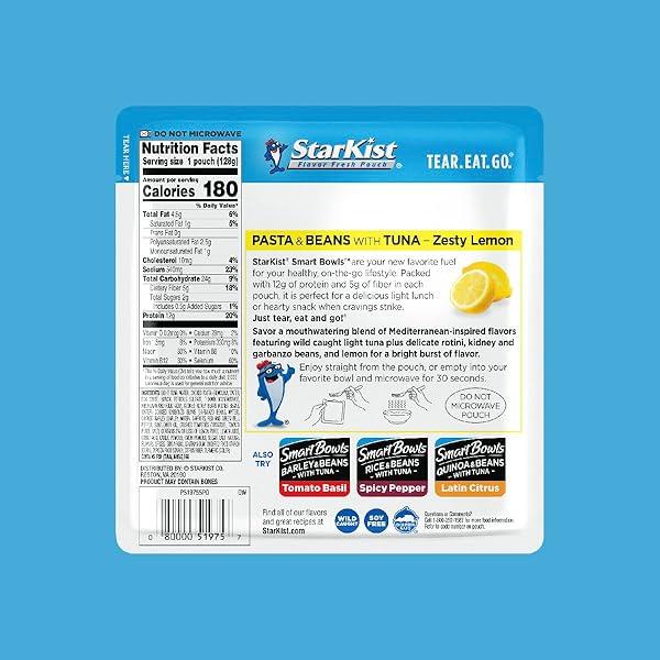 STARKIST SMART BOWLS TUNA, PASTA AND BEANS, ZESTY LEMON, 4.5 OZ POUCH