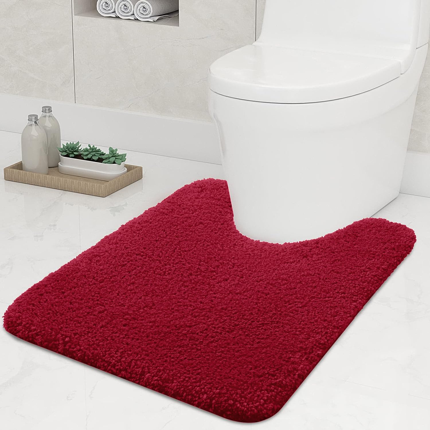 smiry U-Shape Toilet Mat, Extra Soft Pedestal Mat for Toilet, Absorbent Microfiber Toilet Bathroom Mats, 50 x 60 cm, Wine Red