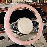 Binsheo Nappa Leather Pink Steering Wheel Cover, Advanced Microfiber Leather Non-Slip Breathable Fabric, Warm in Winter and Cool in Summer, Universal 15 inch