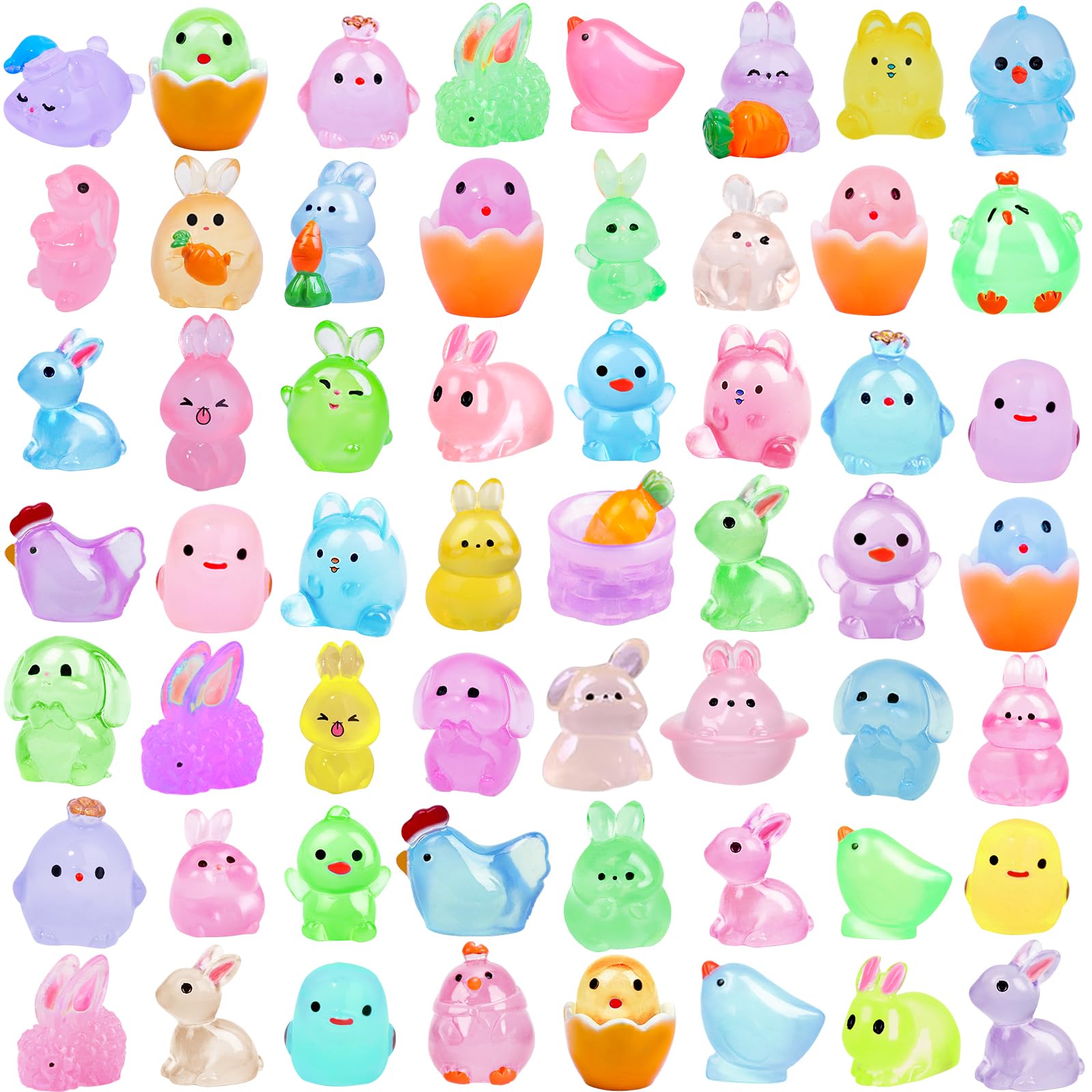61Pcs Easter Luminous Mini Resin Figurines Miniature Figurines Tiny Small Easter Glow in The Dark Little Bunnies Chicken for Dollhouse Eggs Fillers Landscape Micro Garden Decoration Party Favors