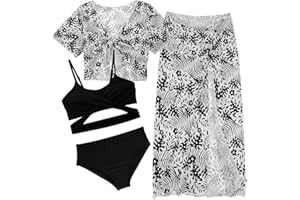 Happy Cherry Girls Swimsuit Teen Cute Bathing Suits Kids 4 Piece Tropical Print Beach Bikini Sets with Cover Up Size 8-12