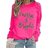 Christmas Sweatshirts Women Merry and Bright Christmas Crewneck Shirts Xmas Holiday Glitter Long Sleeve Pullover Top