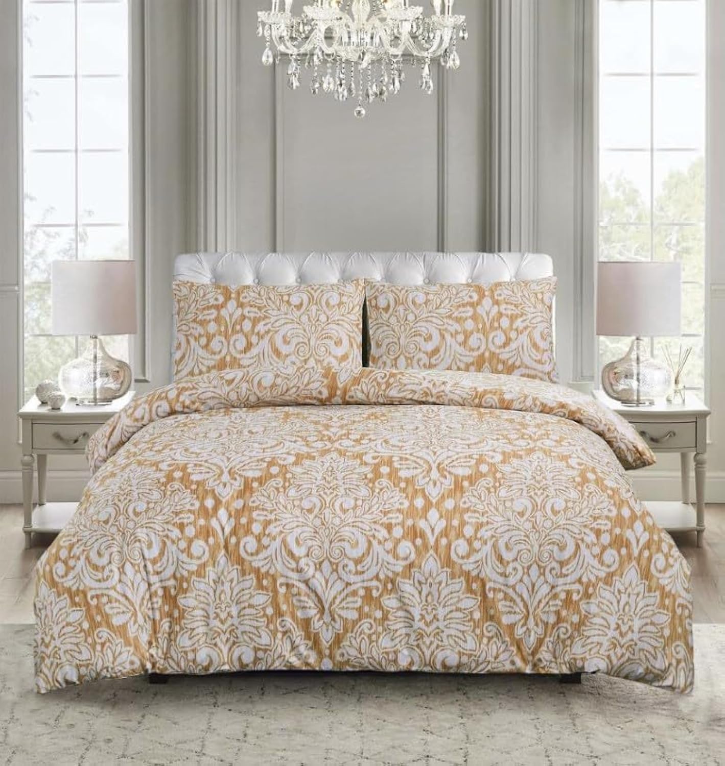 PRIME LINENS Duvet Cover Set 4 Pcs Brushed Microfibre Quilt Cover Bedding Set With Pillow Cases and Extra Fitted Sheet Included (Royal Damask Gold, Double) — image 1