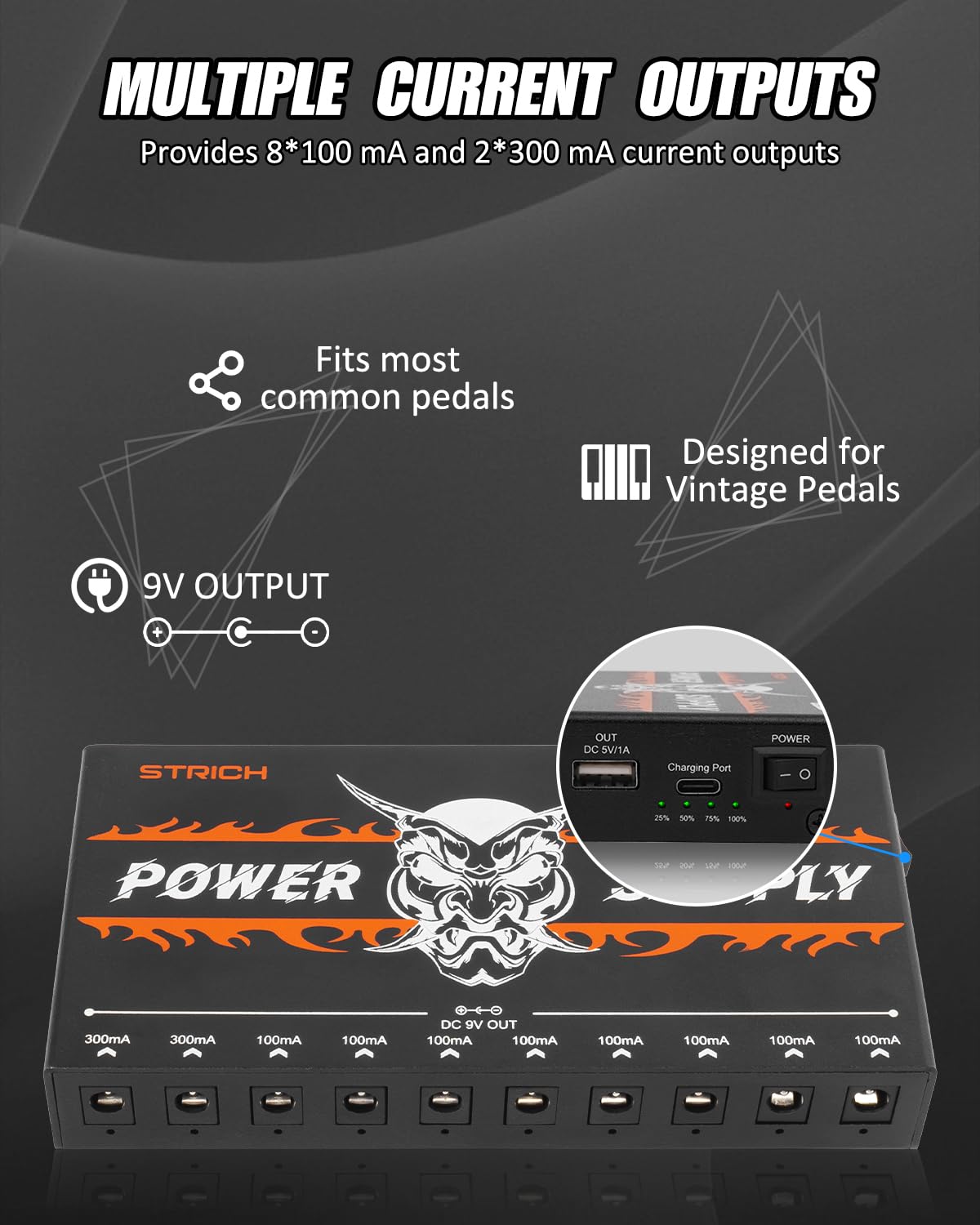 STRICH SPS-40B Wiederaufladbarer Akku Gitarre Effektpedal Netzteil mit eingebautem 10000mAh 10 Ausgängen DC 9V (2x300mA, 8x100mA) Buchsen für Gitarre Bass Pedale, 5V/1A USB Port für Telefon 4
