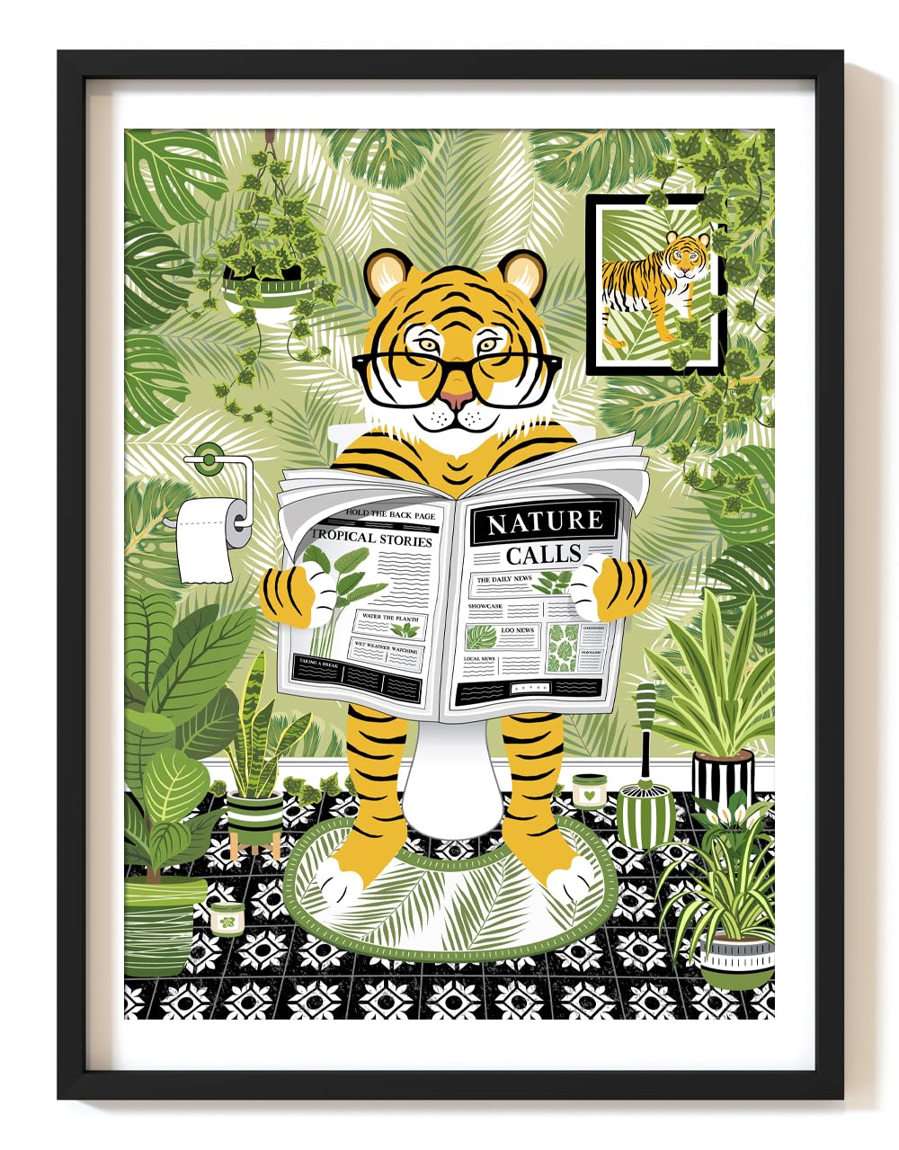 Parmaro Tiger on Toilet, A4 UNFRAMED Print, Animal on Toilet, Green Botanical Print for Tropical Bathroom Decor