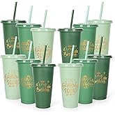 Whaline 12Pcs Sage Green Plastic Cups with Lids Straws Birthday Party Cups Gradient Green Reusable Tumbler Travel Mug Cup Drinkware Decor for Iced Coffee Beverage Drinks Party Supply, 24 Oz