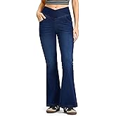 Rammus Flare Jeans for Women Crossover High Waisted Bell Bottom Jeans Trendy Yoga Pants Stretchy Flare Leggings with Pockets