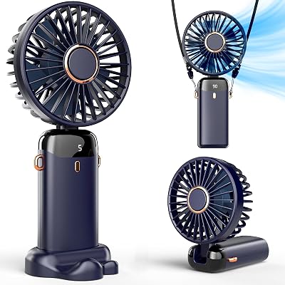 Koonie Portable Handheld Fan 5 Speed 8H Battery Digital Display Dark Blue
