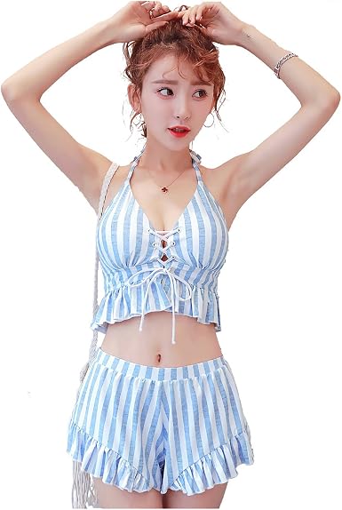 Amazon ブリスクスリー Briskthree レディース 水着 ビキニ タンキニ セパレーツ 3点セット可愛い 体型カバー 縦ストライプ 女性水着 パット付き ワイヤーなし タンキニ 通販