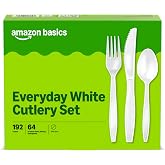 Amazon Basics Disposable Everyday White Assorted Cutlery Set, 192 Count, Combo Pack, Forks, Spoons, and Knives