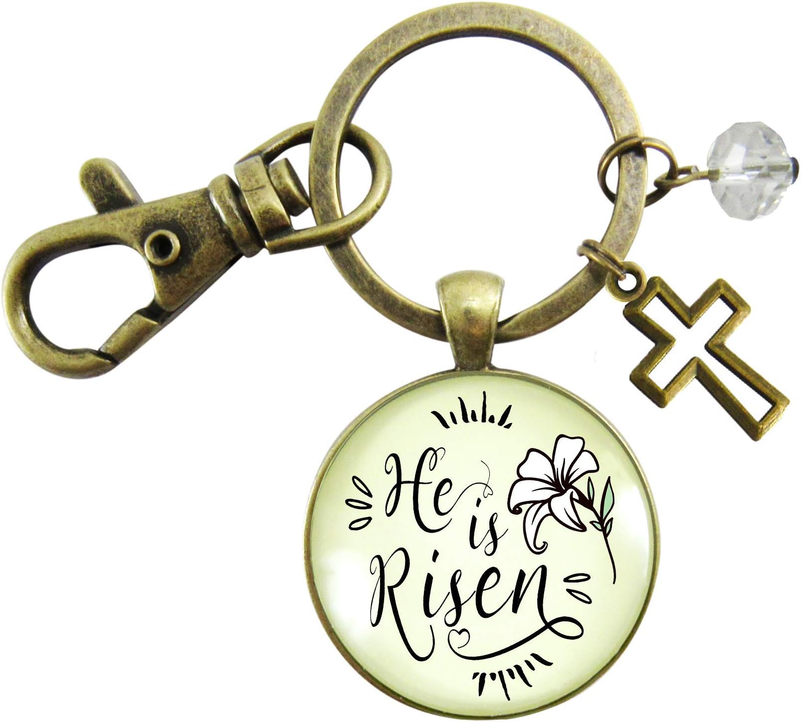 Faith Keychain He Is Risen! Faith Easter Inspired Vintage White Lily Jewelry For Women