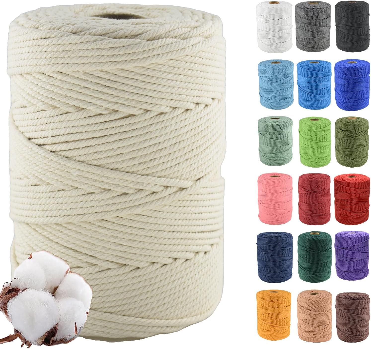 Klhamky 5mm×200m Macrame Cotton Cord, Soft 4 Strand Twisted 100% Natural Cotton for Handmade Wall Hanging, DIY, Craft Making, Knitting, Plant Hangers, Decorative Projects