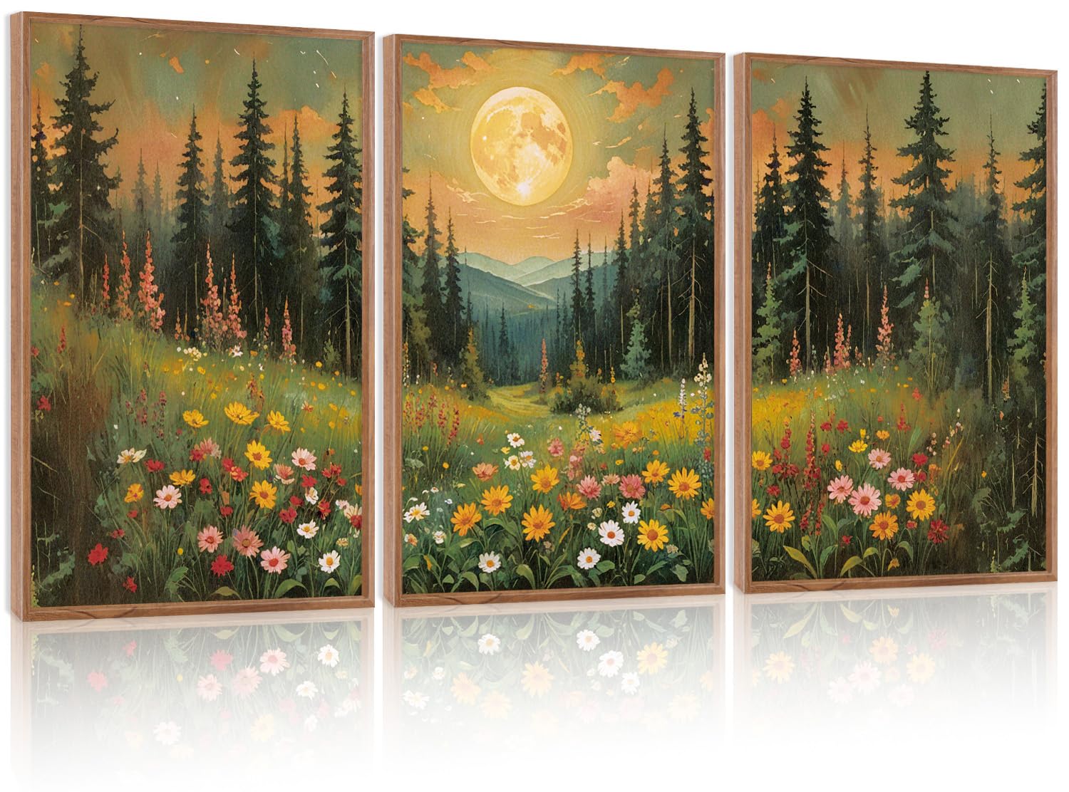 CHDITB Moonlit Forest Floral Framed Canvas Wall Art Set, Nature ...