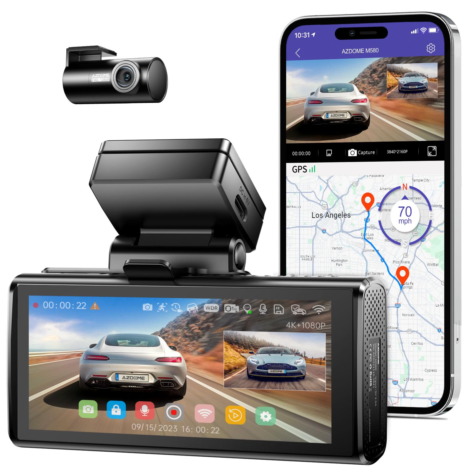 AZDOME M580-4CH 5K 5GHz WiFi Dash Cam Front and Rear, 4 Inch Touchscreen Dash Camera for Cars, Free 64GB Card Dash Camera 4K+1080P GPS WDR Night Vision
