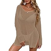 BreathSunny Womens Crochet Oversized Beach Mini Dress Summer 2025 Off Shoulder Side Slit Long Sleeve Bathing Suit Cover Up