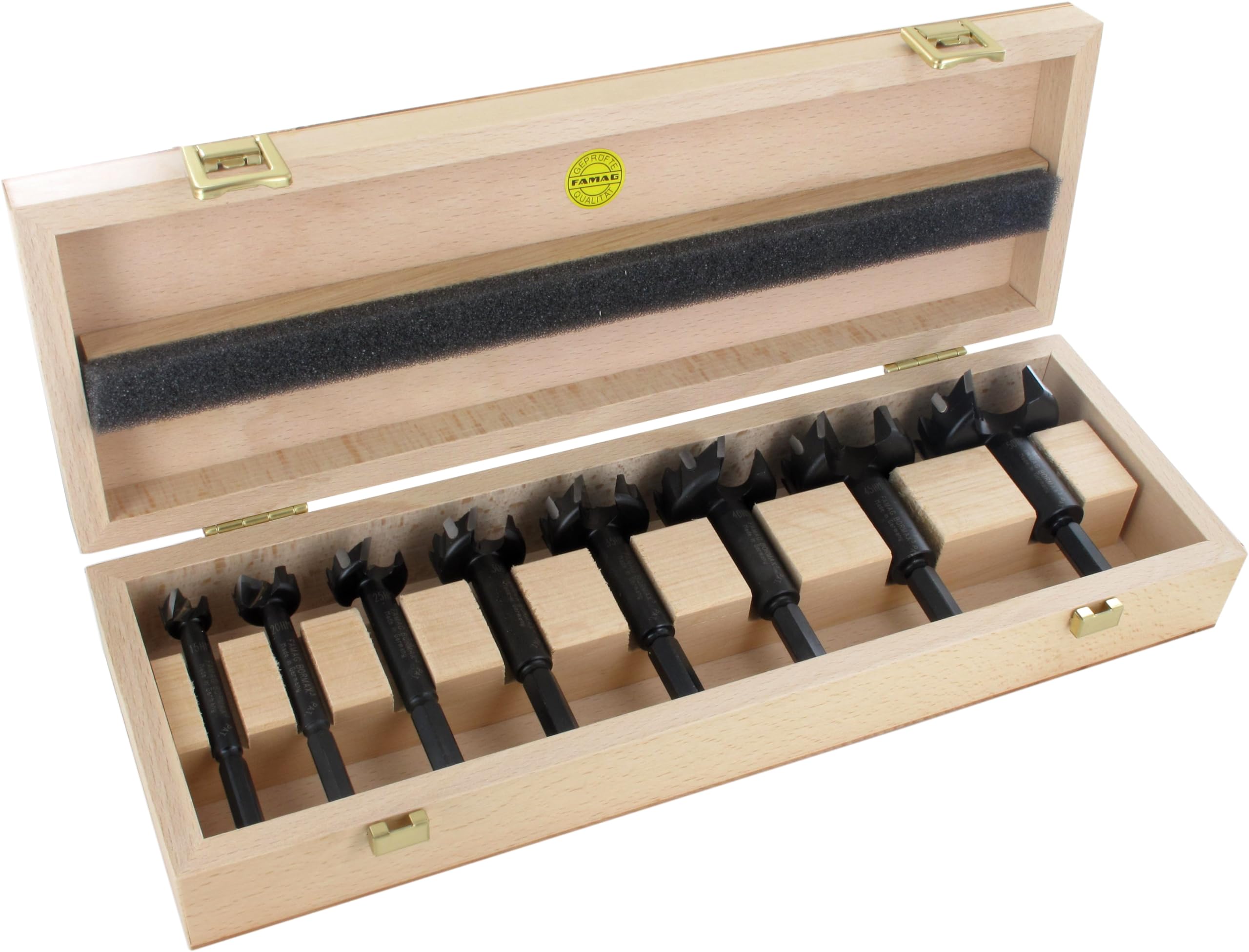 FAMAG Bormax Carbide Forstner Drill Bit Set Diameter 15.20 25.30 35.40 mm in Wooden Box 6 Pieces