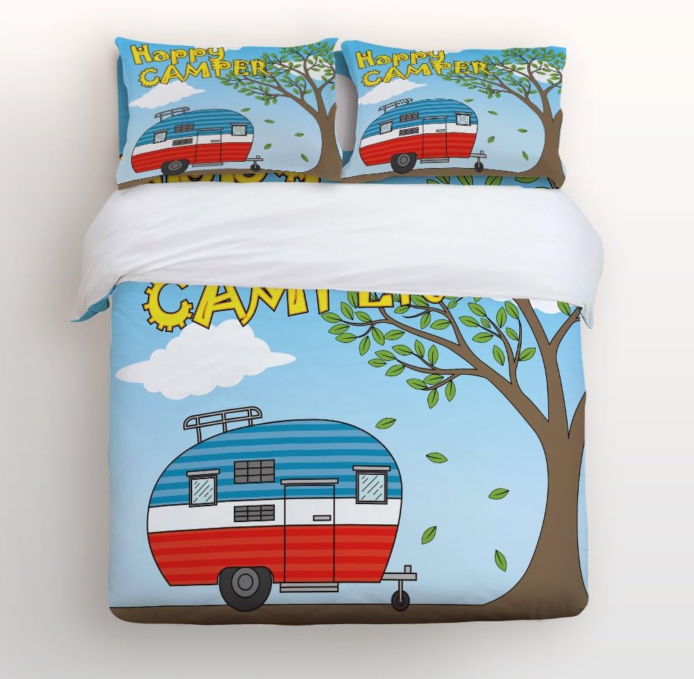 Fantasy Star Happy Camper Camping Caravan Comforter Bedding Set One Side Print 4 Piece Soft Home Duvet Cover Set, Include 1 Flat Sheet 1 Duver Cover and 2 Pillow Cases, Queen Size, Multicolor