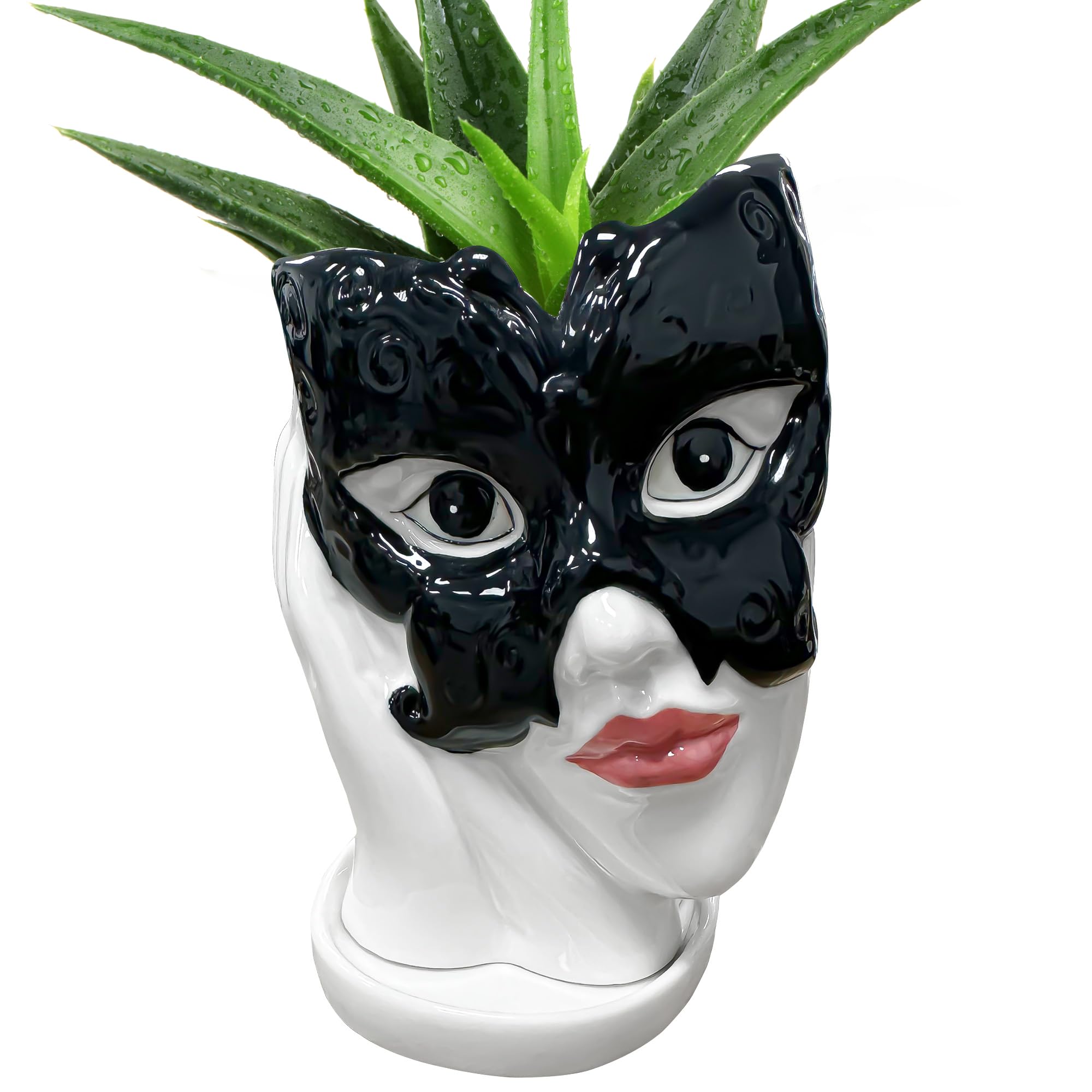 CAIRIAC Face Flower Pot, Ceramic Succulent Pot with Drainage and Saucer, Head Planter for Plants, Indoor Plant Pot Cute Girl Lady Face Planter for Succulents, Cactus, Herbs, Orchid Plants (Black)