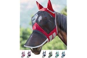 Harrison Howard CareMaster Pro Luminous Horse Fly Mask Large Eye Space Long Nose with Ears UV Protection for Horse Red M Cob